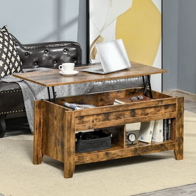 HOMCOM Lift Top Coffee Table with Storage Compartment and Open Shelves, Dark Wood Coffee Table for Living Room