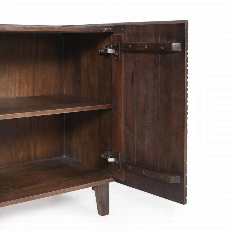 Rustic Solid Mango Wood Accent Buffet Cabinet with Fluted Door and Adjustable Shelf
