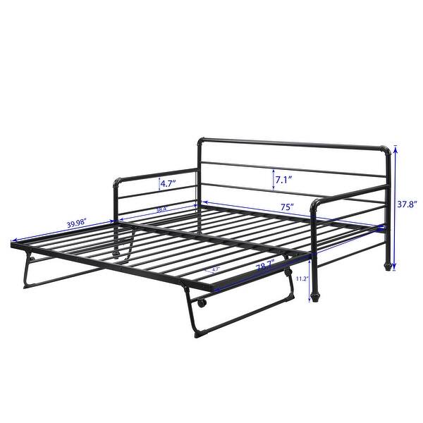 dimension image slide 1 of 2, Industrial Style Twin Size Daybed with Adjustable Pop Up Trundle and Heavy-Duty Steel Metal Bedframe