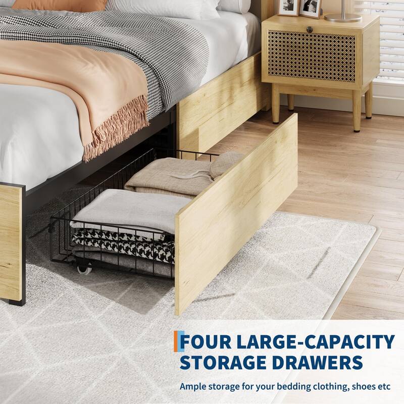 Bed Frame with Natural Rattan Headboard, 4 Storage Drawers
