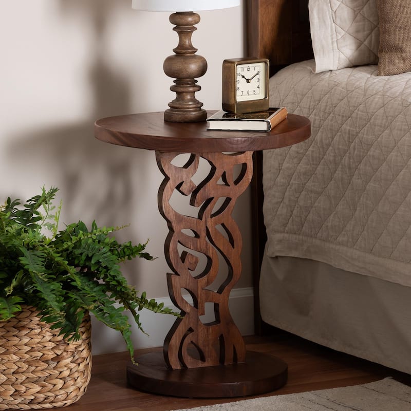 Donna Nightstand with Pedestal Base - Mahogany Wood Bedside Side Table with Round Tabletop