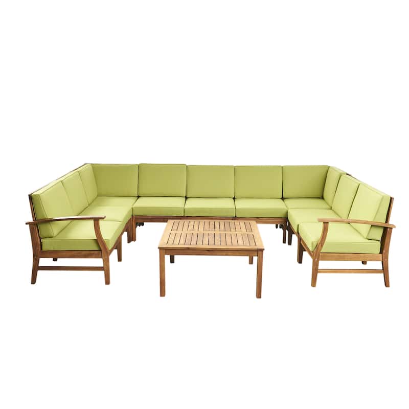 Perla 9-seater Acacia Wood Sectional Sofa Set by Christopher Knight Home - Teak + Green Cushion