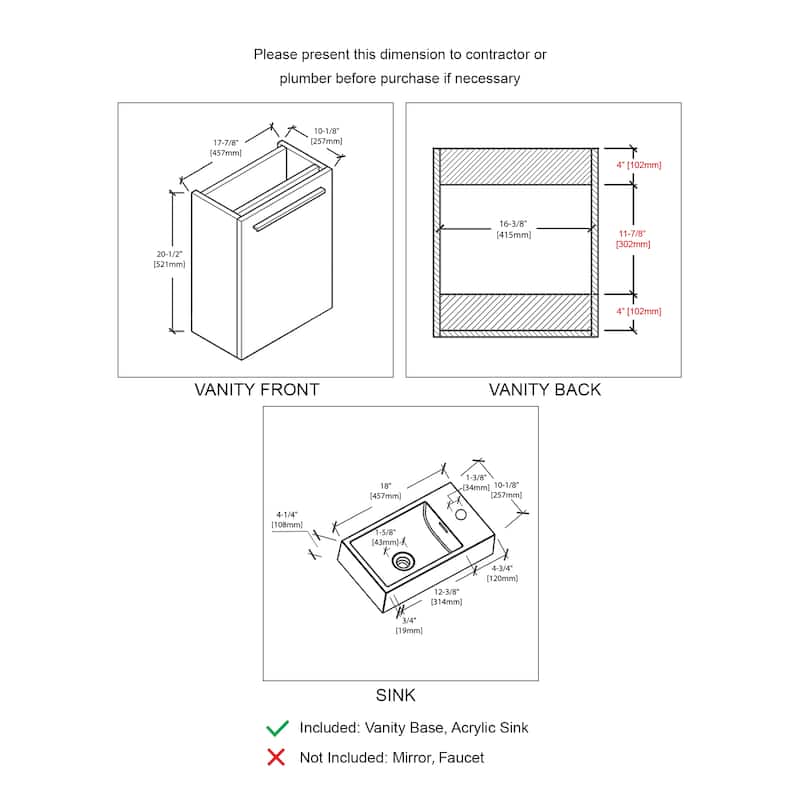 Blossom 18 Inch Floating Wall-Mount Vanity Set w/ Acrylic Sink