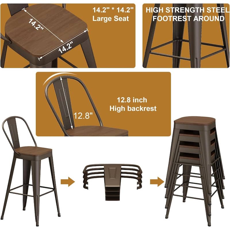 Counter & Bar Stools with Metal Frame Kitchen Stools with High Back Kitchen Bar Furniture Stools with Wooden Seat
