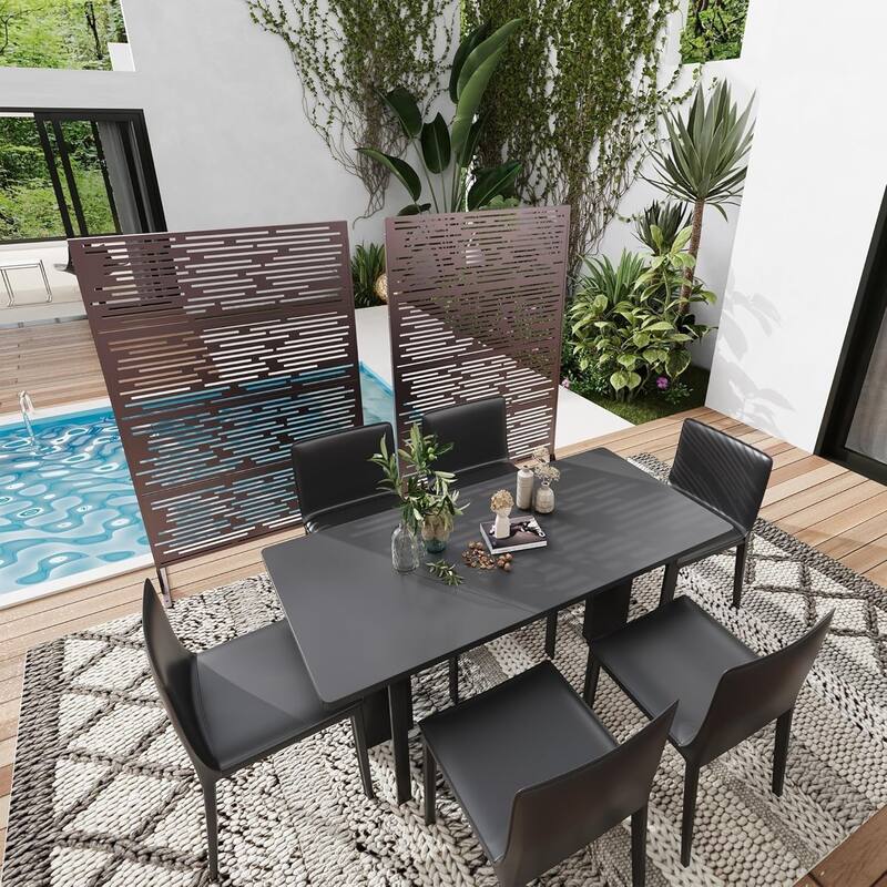 1PCS 72 in H x 46 in W Metal Privacy Screen Panel Freestanding Outdoor Divider with Stand Stripe02-Brown