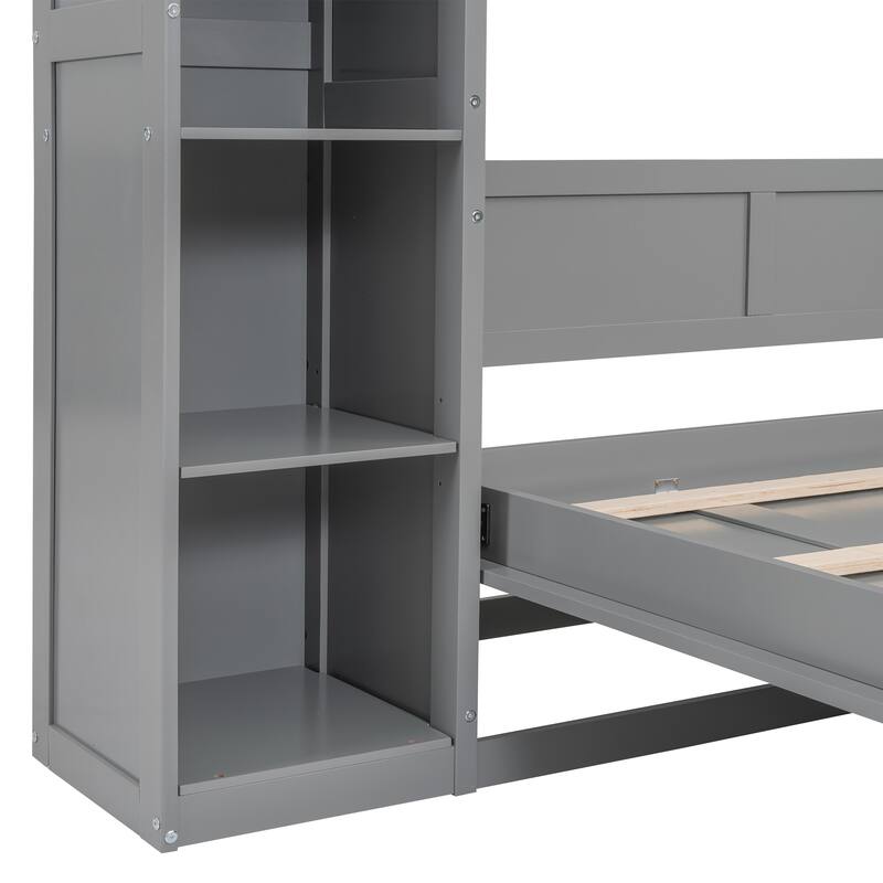 Wooden Wall Murphy Bed with Side Bookshelf & LED Lights