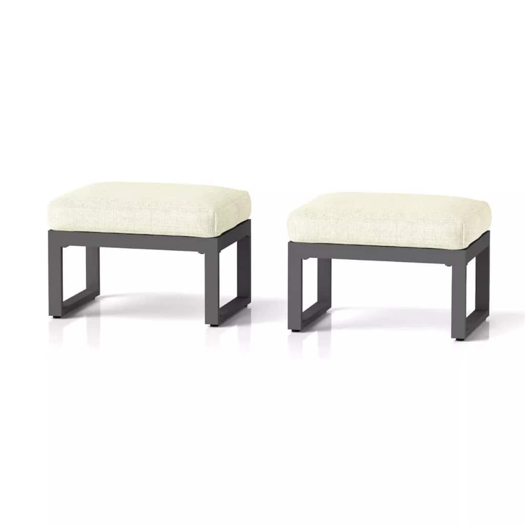 Set of 2 26" Aluminum Patio Ottomans with Thick Gray Cushions