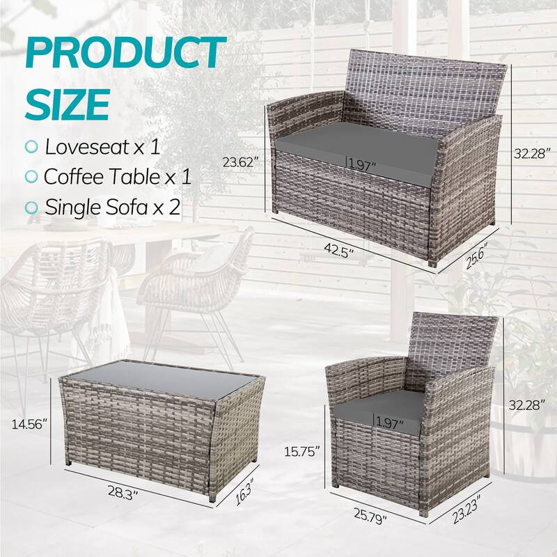 4-Piece Wicker Outdoor Sofa Set, 1 Loveseats, 2 Single Sofas, 1 Table