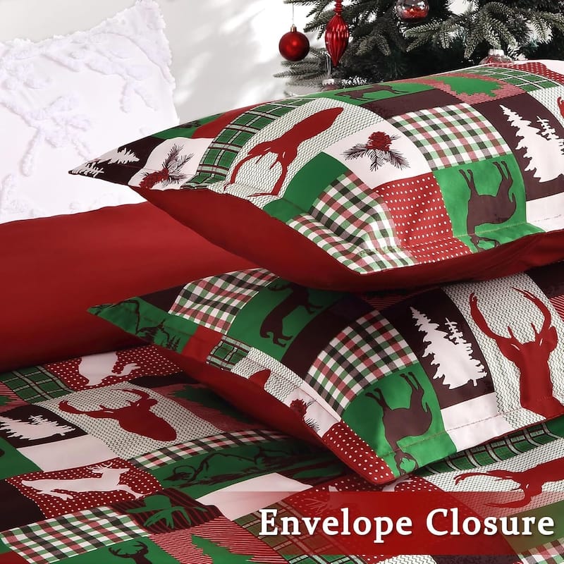 Christmas Reindeer Patchwork Duvet Cover and Pillow Shams Set, Bedding Set