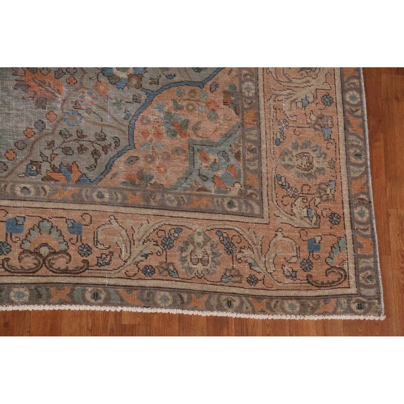 Green Tabriz Persian Vintage Area Rug Hand-Knotted Wool Carpet - 9'6"x 12'7"