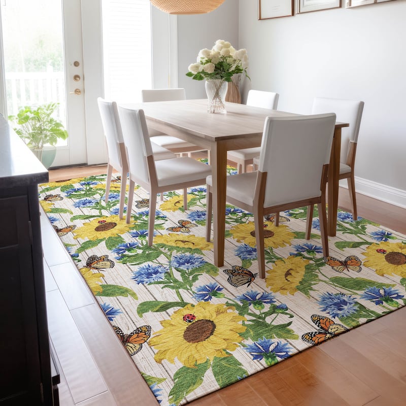 Premium Washable Super Soft Sunflower Butterfly Garden Mayfield Rug