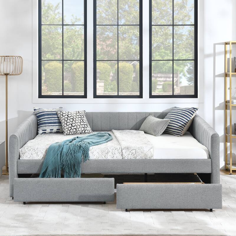 Queen Size Daybed with Two Drawers Trundle Upholstered Sofa Bed, with Vertical Stripes Linen Fabric, Grey (86.5"x65"x30")