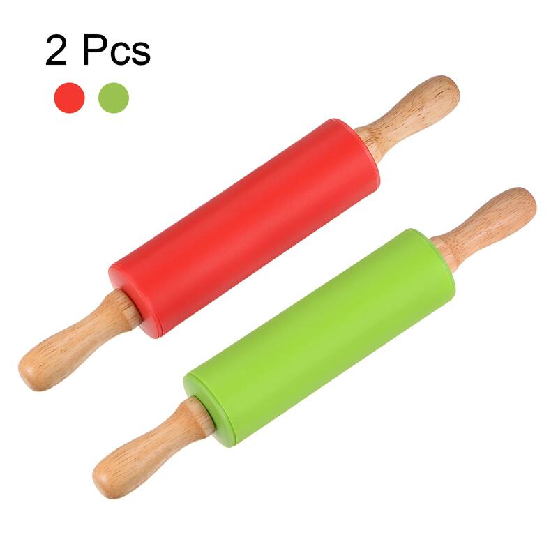 Silicone Rolling Pins for Baking Wood Handle 31cm x 4.2cm Red & Green - Red & Green