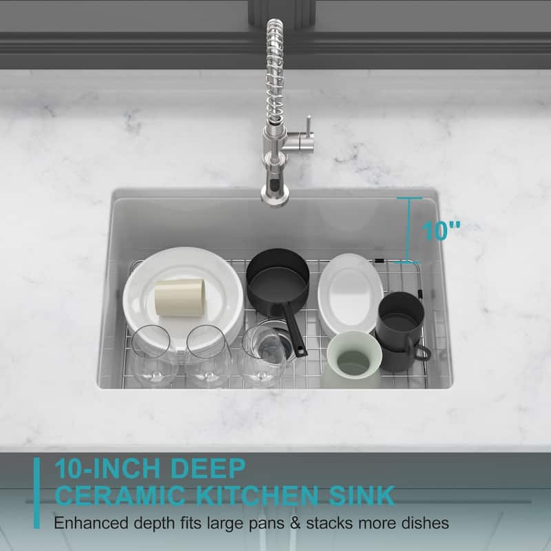 Undermount Single Bowl Fireclay Kitchen Sink - Dual Mount White Porcelain Fireclay Rectangular Deep Single Bowl Sink
