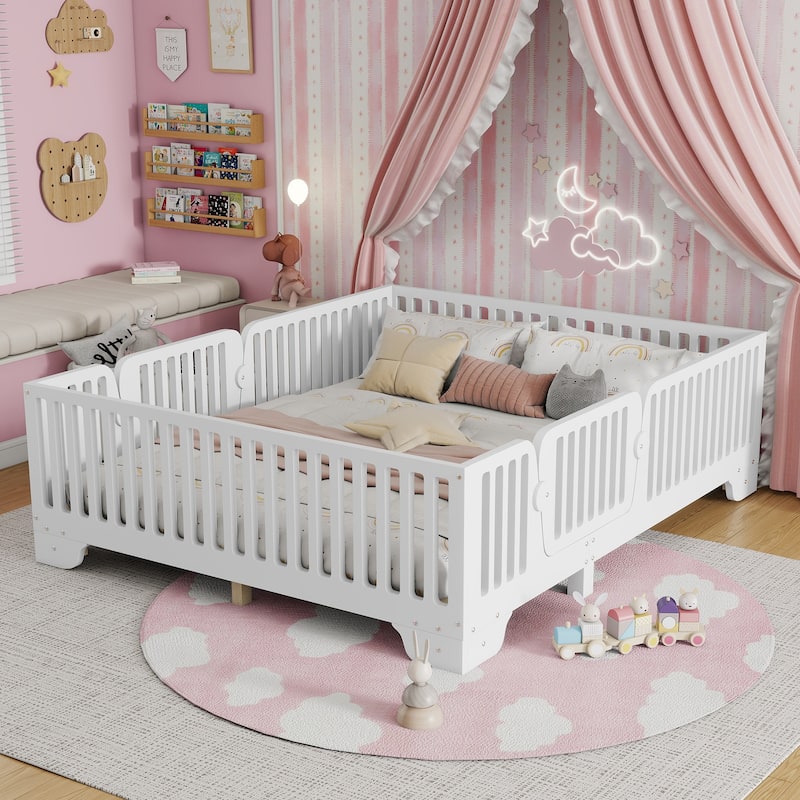 Full Floor Bed with Slats and Fence, Full Size Montessori Floor Beds with Door, No Box Spring Needed