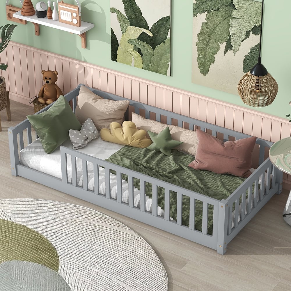 Montessori Twin Size Toddler Floor Bed with Fence without Door, Open-row Design Wood Frame Platform Bed with Safety Guardrails