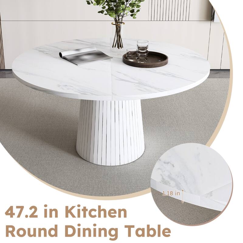 47 inch Round MDF Dining Table for 4, Modern Farmhouse Kitchen Table with Wood Strip Base, Circle Dinner Table