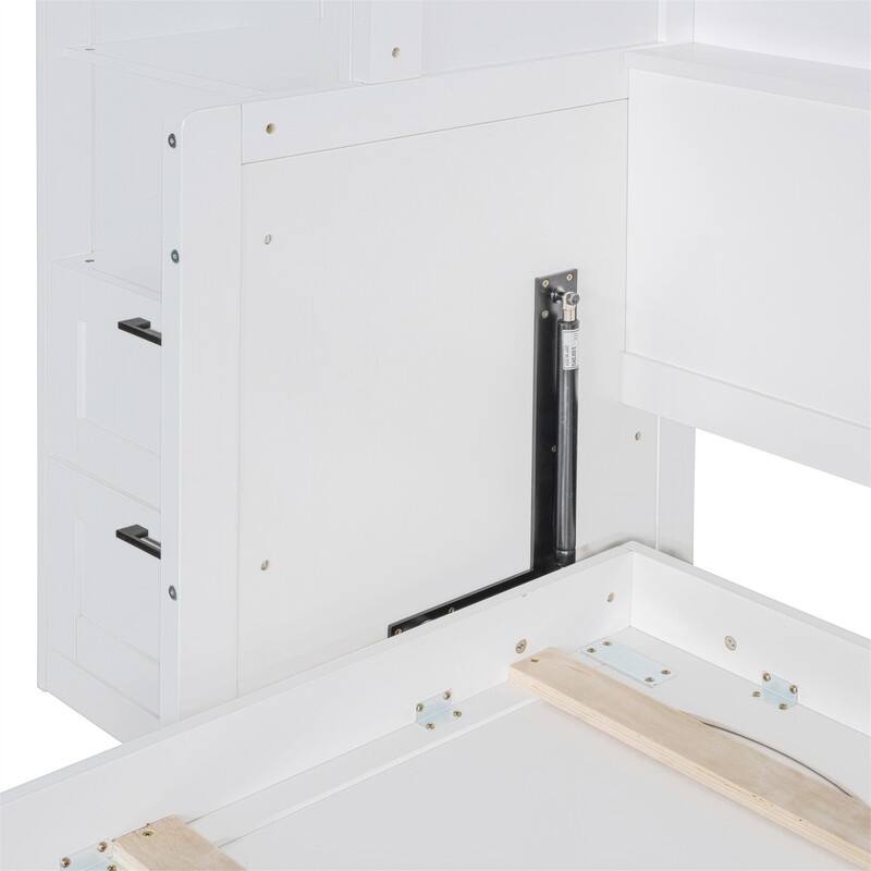Queen Size Murphy Bed Wall Bed with 2 Wardrobes and 4 Storage Drawers, Foldable Murphy Cabinet Bed w/Open Storage Shelves& Stool