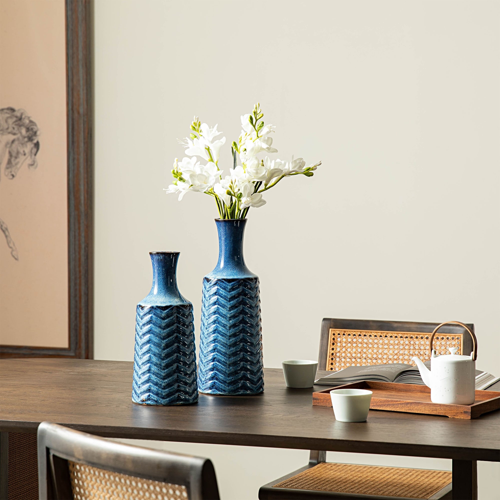 Glitzhome Set of 2 Brilliant Blue Ceramic Table Decorative Vases