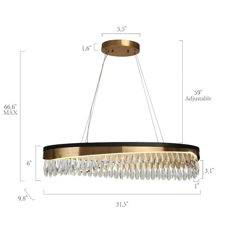 Modern 1-Light LED Crystal Chandelier Black Gold Linear Island Lights for Dining Room - D31.5" x H6"