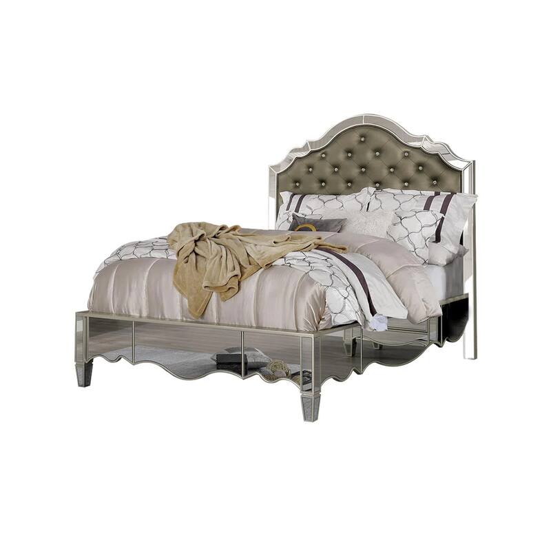 Leatherette And Wooden Bed with Button Tufted Design in Silver