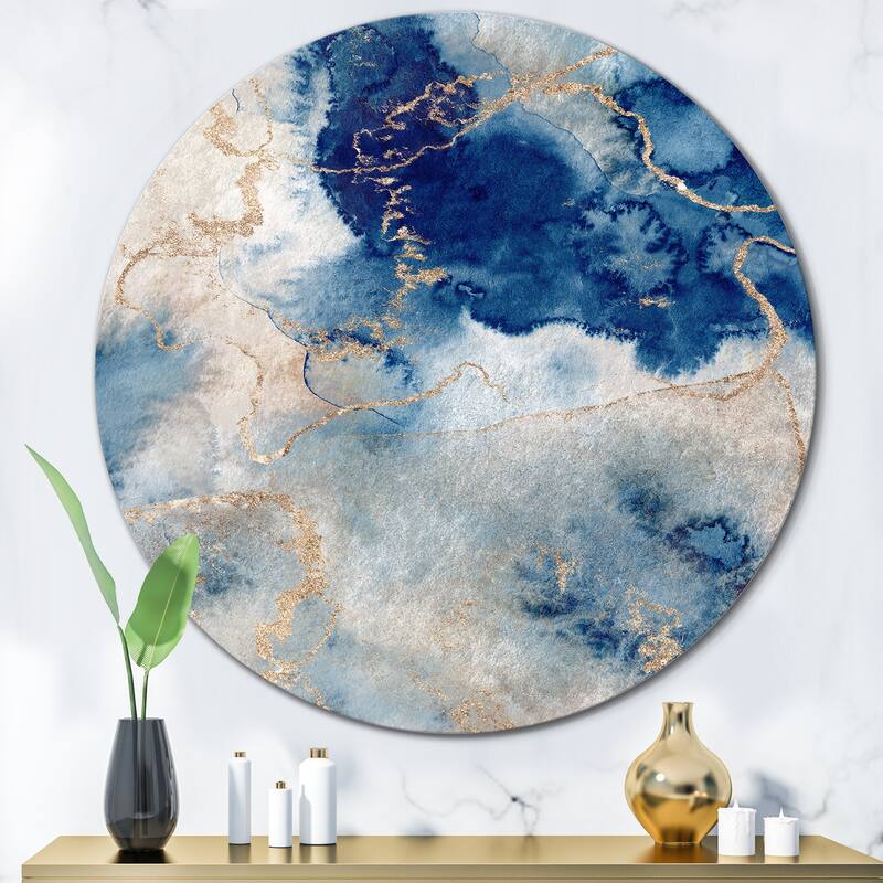 Designart 'Blue And Gold Marble Clouds III' Modern Metal Circle Wall Art - 36x36 - Disc of 36 Inch