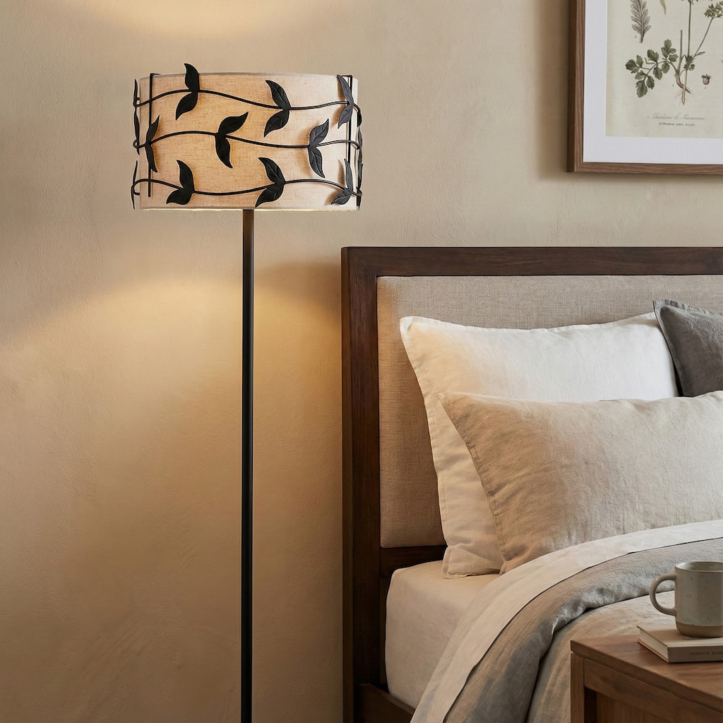 Acroma Black/Gold Leaf-Accent Fabric Shade Floor Lamp