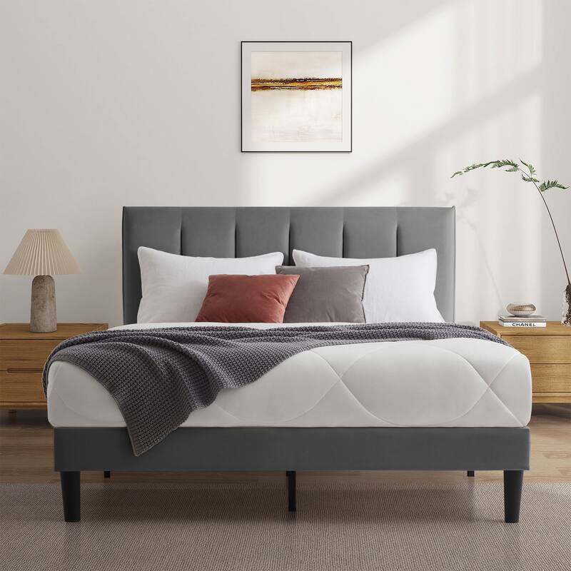 Upholstered Platform Bed Frame with Vertical Stripe Headboard - Grey - Twin