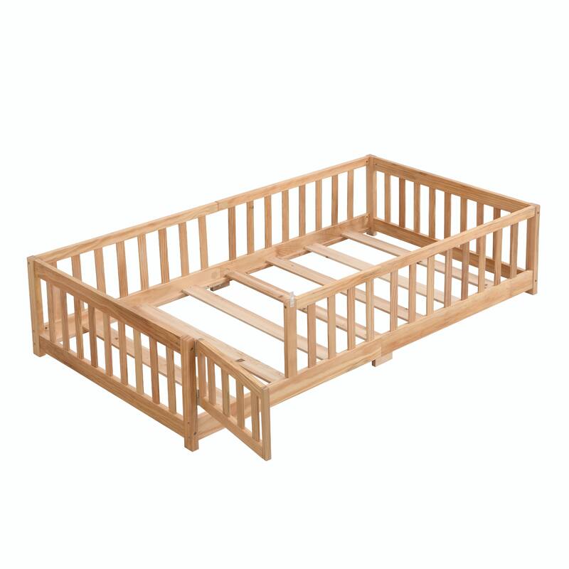 Solid Wood Platform Bed Frame with Floor Bed Design and Fence