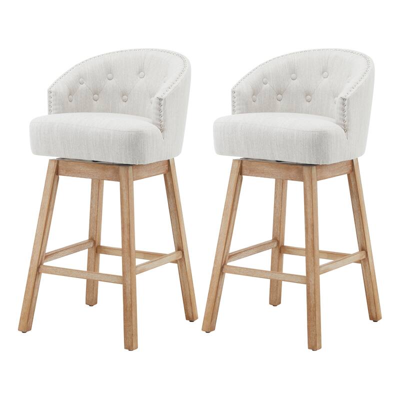 Set of 2, 33.25" Swivel Counter Stools with Faux Leather Cushion, Solid Rubber Wood Frame, Armless Design - Beige