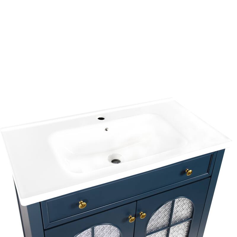 35.6-Inch Mid-Century Bathroom Vanity Sink with Patterned Glass & Motion-Sensor Light, Farmhouse Storage Vanity