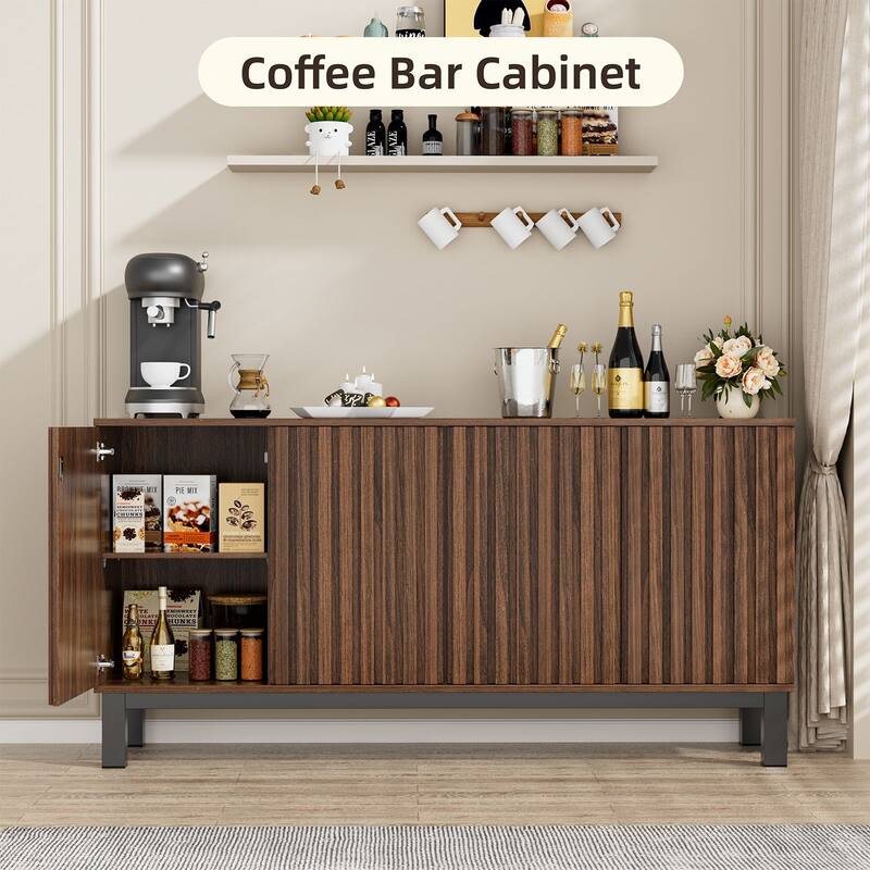 Meyreso 63 Inch Fluted Buffet Cabinet with Shelves & 4 Doors