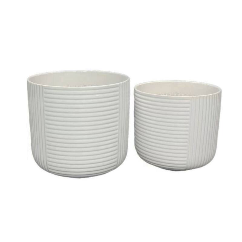 Set of 3 Ceramic Planter, Ribbed, Geometric Design, Matte White Finish