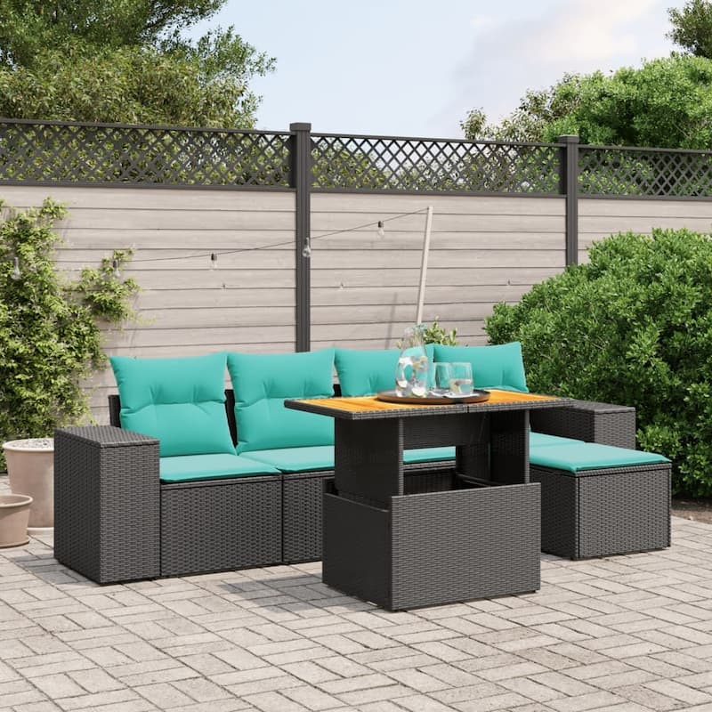 vidaXL Patio Sofa Set with Cushions Outdoor Furniture 6 Piece Poly Rattan - 21.7 x 21.7 x 14.6 - Black
