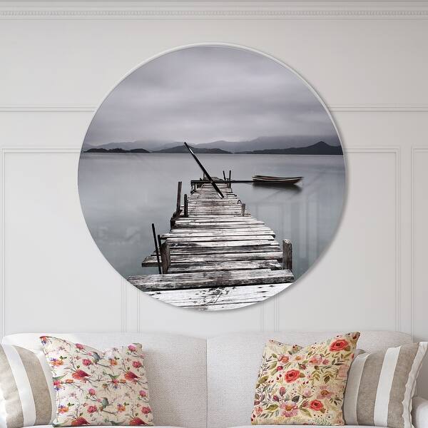 slide 2 of 10, Designart 'Pier and Boats at Seashore' Oversized Coastal Wall CLock