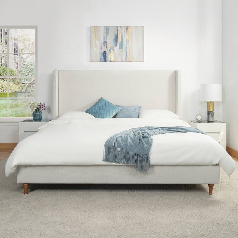 Queen Size Bed Frame High Headboard Upholstered Platform Bed - King