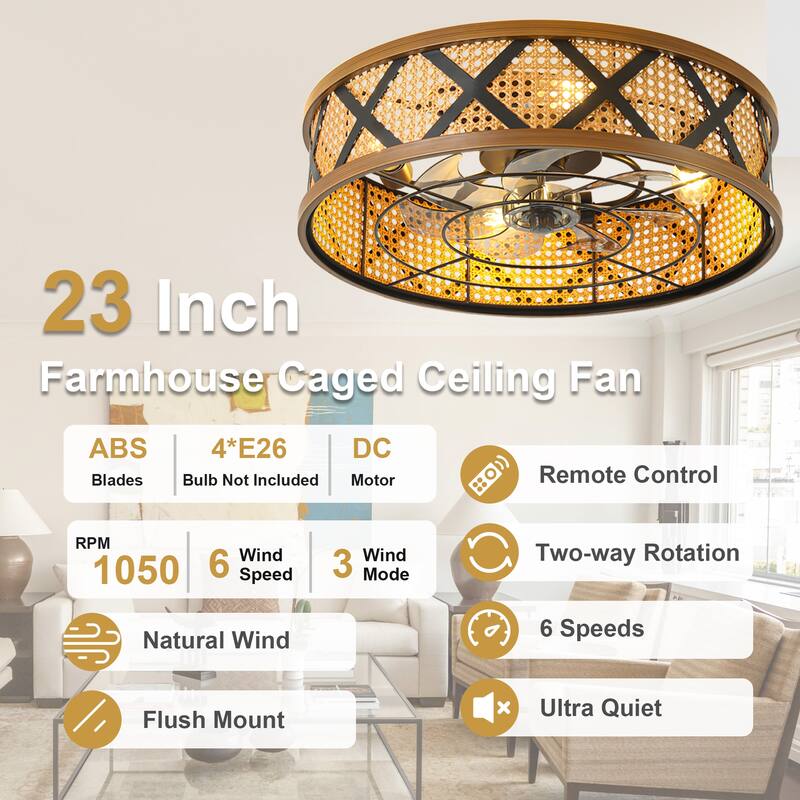 Cusp Barn 23" Boho Rattan Flush Mount Low Profile 6 Speeds Reversible Caged Ceiling Fan with Light and Remote for Bedroom