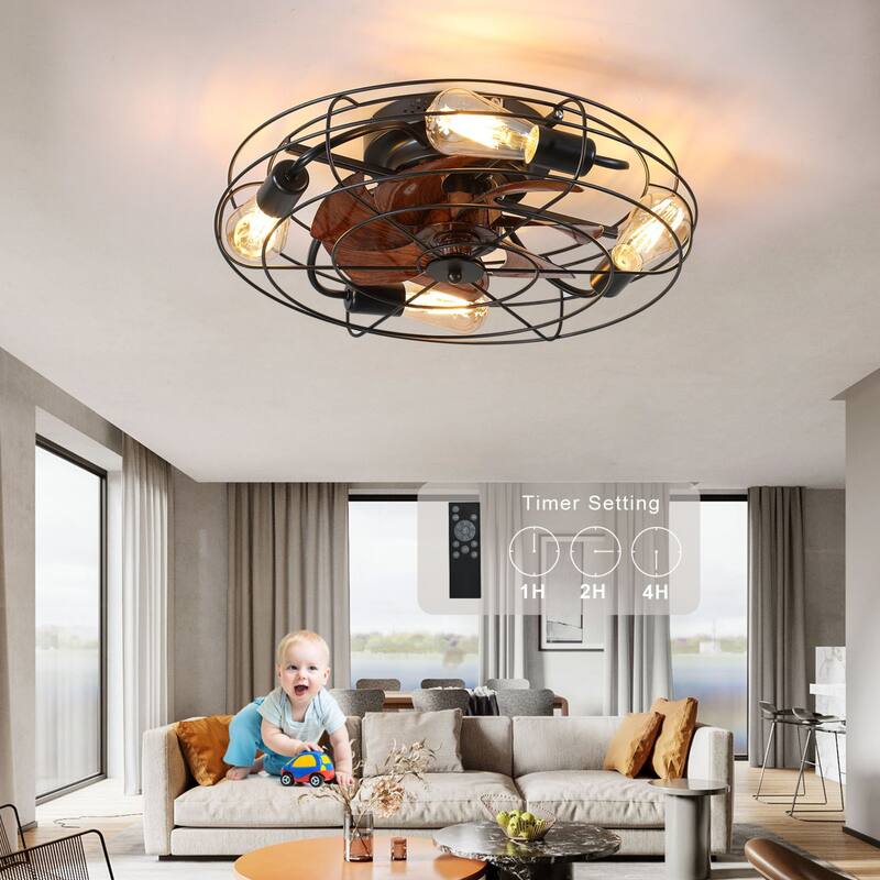Oaks Aura 20in. Modern Industrial Low Profile Ceiling Fan with Light, Black Farmhouse Flush Mount Remote Control Ceiling Fan