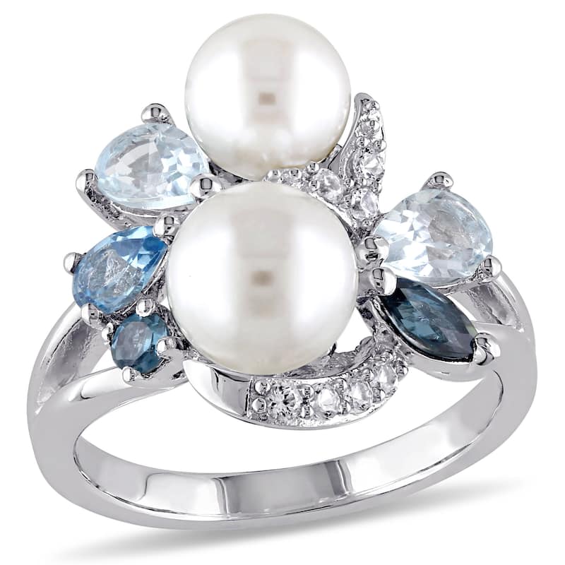 Miadora 6-8mm Cultured FW Pearl and Multi-Gemstone Cocktail Ring in Sterling Silver