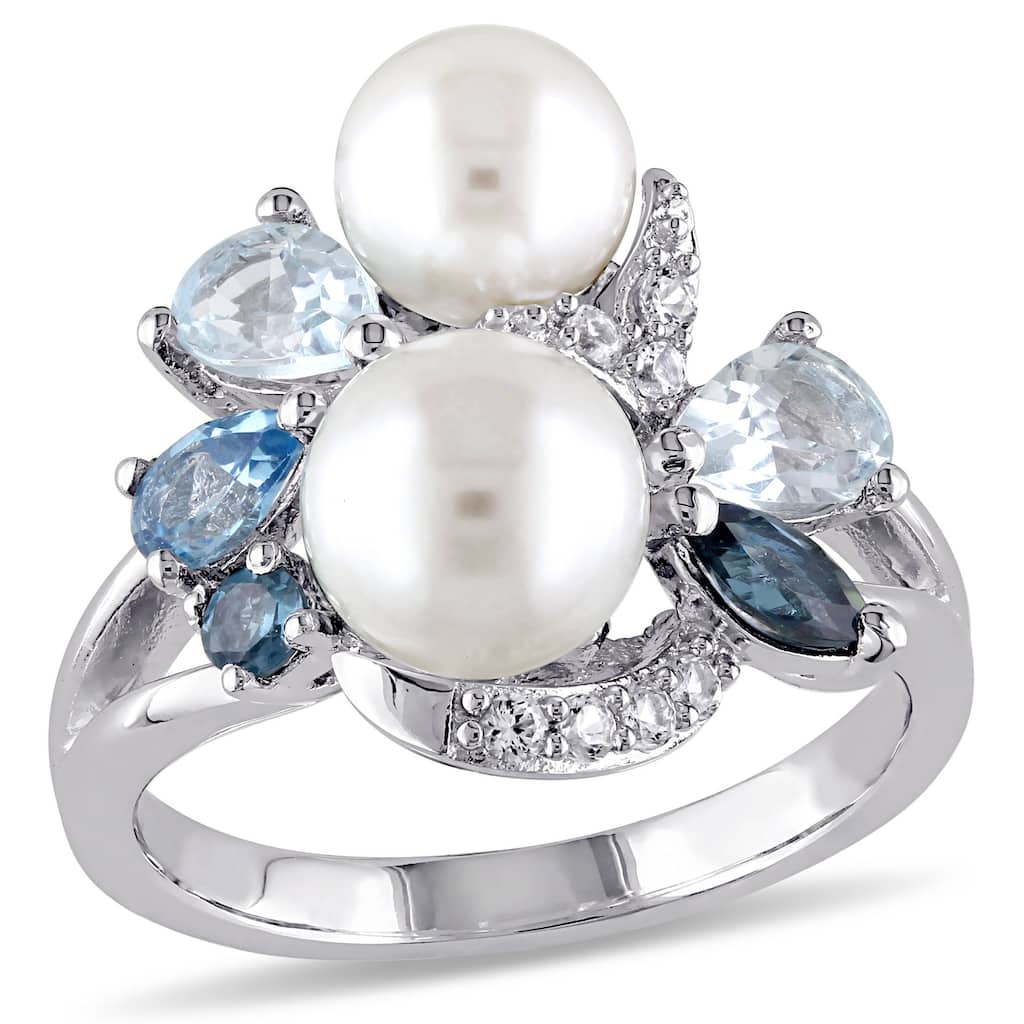 Miadora 6-8mm Cultured FW Pearl and Multi-Gemstone Cocktail Ring in Sterling Silver