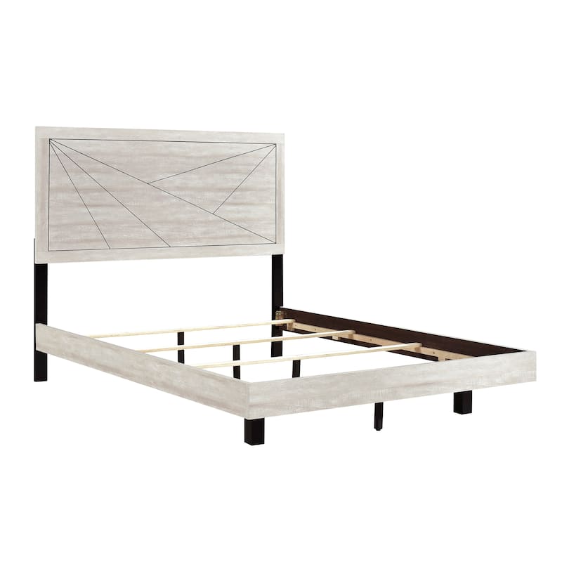Full Size Oak Wooden Panel Bed with Line Pattern Headboard