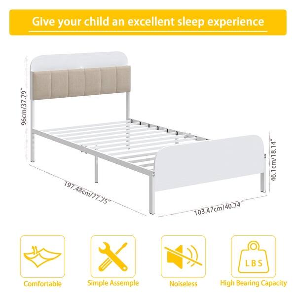 Gezen Kids Twin Platform Bed Frame with Upholstered Storage Headboard Shelf for Girls, Boys and Teens, White