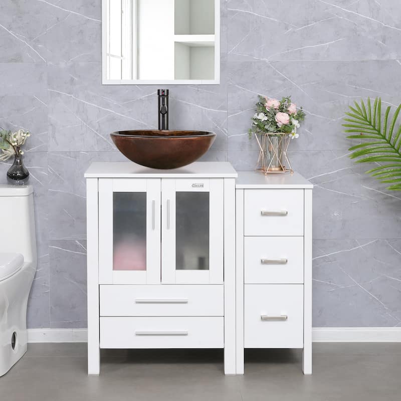 36" White Bathroom Vanity Sink Set with Side Cabinet Vessel Sink Faucet Combo - brown round sink