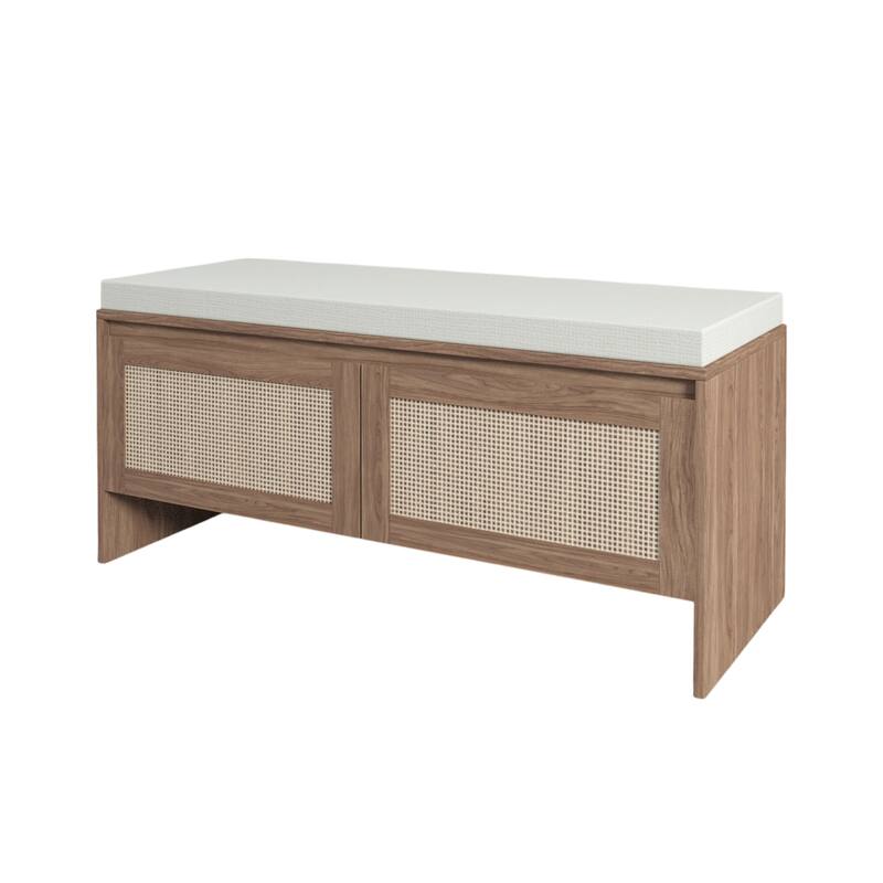 Rattan Storage Bench with Cushion,Shoe Cabinet with 2 Doors, Mid-Century Modern Wood Entryway Seat,Natural Finish