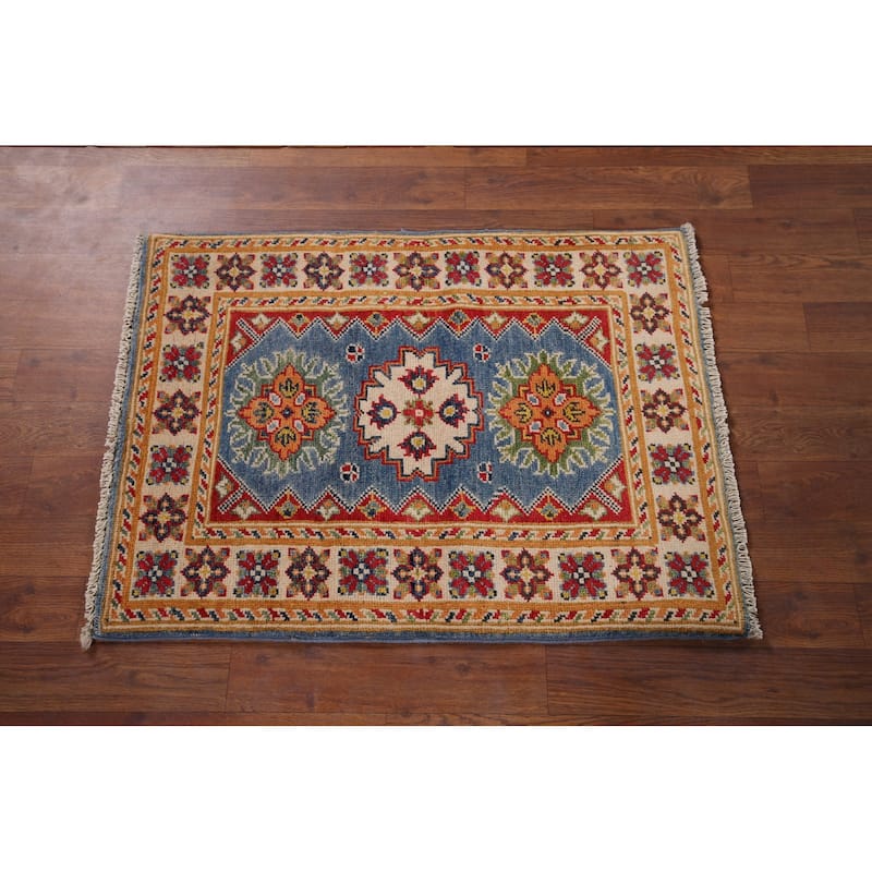 Blue Geometric Kazak Oriental Foyer Rug Hand-Knotted Wool Carpet - 2'0" x 2'9"