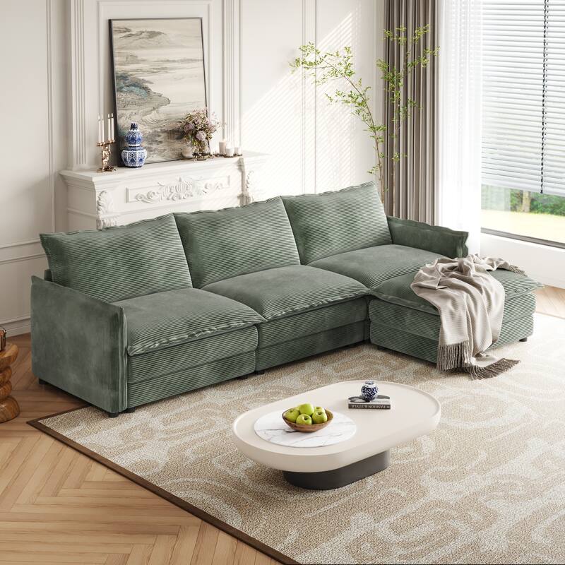 109" Corduroy 3-Seater Cloud Sectional Sofa with Movable Ottoman