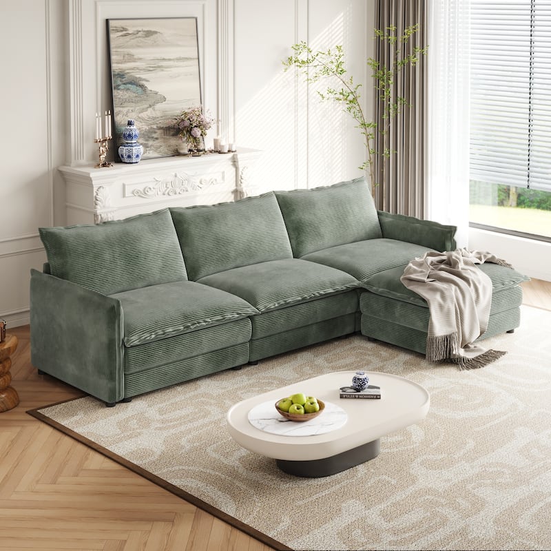 Corduroy Modular Deep Seat Couch L-shaped Sectional Sofa with Ottoman