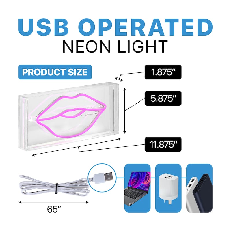 Lips 11.88" X 5.88" Contemporary Glam Acrylic Box USB Operated LED Neon Light, Pink by JONATHAN Y - 11.88" X 5.88"