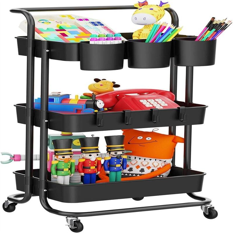 3Tier Rolling Mobile Utility Cart with Hanging Cups - 13"D x 16.5"W x 33"H - Black