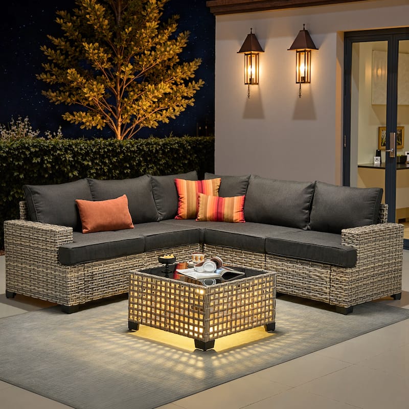OVIOS 6 Pieces T shaped Seat Wide Armrest Set With Solar-Powered Coffee Table - Black